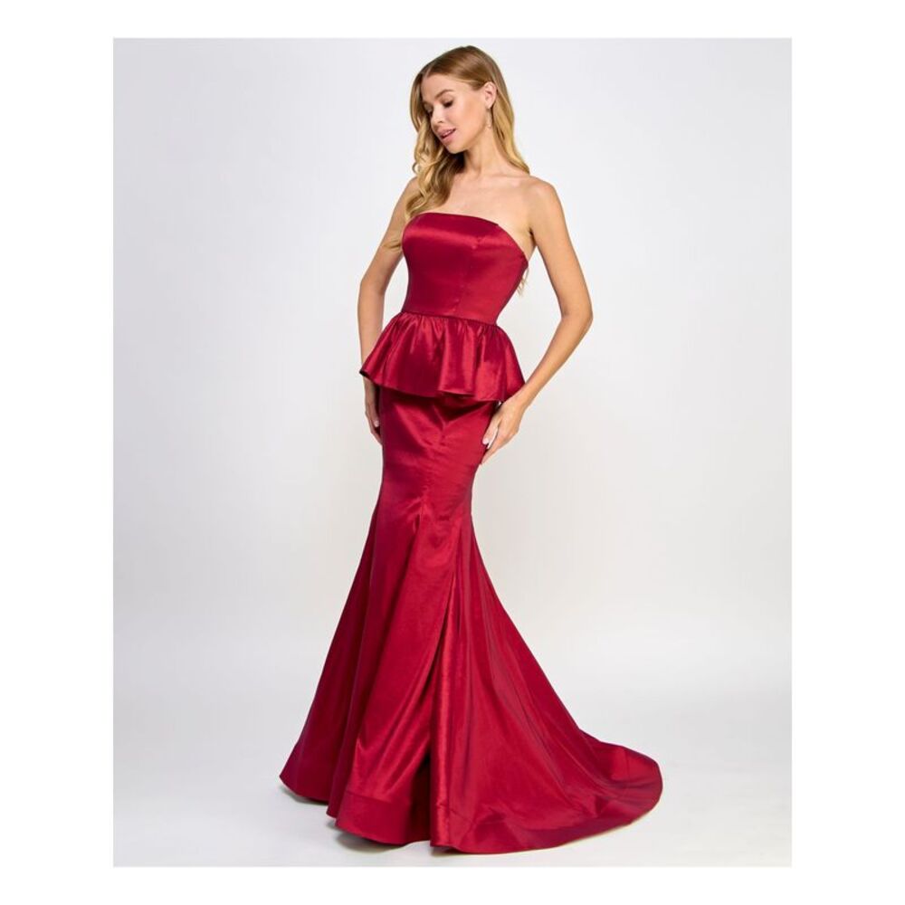 B DARLIN Womens Maroon Padded Ruffle Godet Pleats Formal Peplum Dress 11\12 - Picture 3 of 4